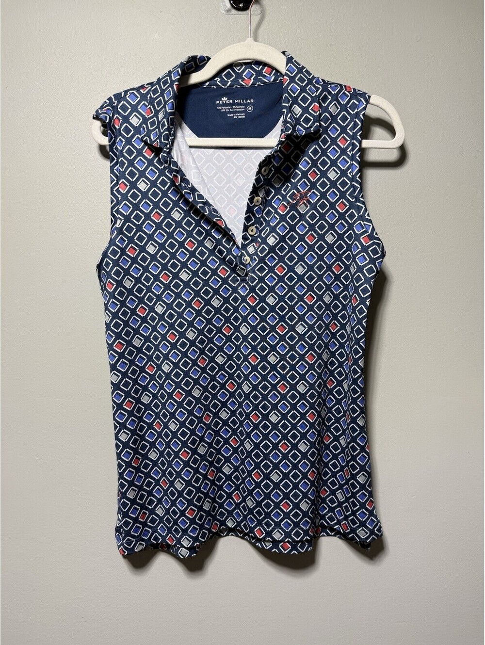 Peter Millar Womens Sleeveless Golf Polo Shirt Navy Blue Geometric Square M